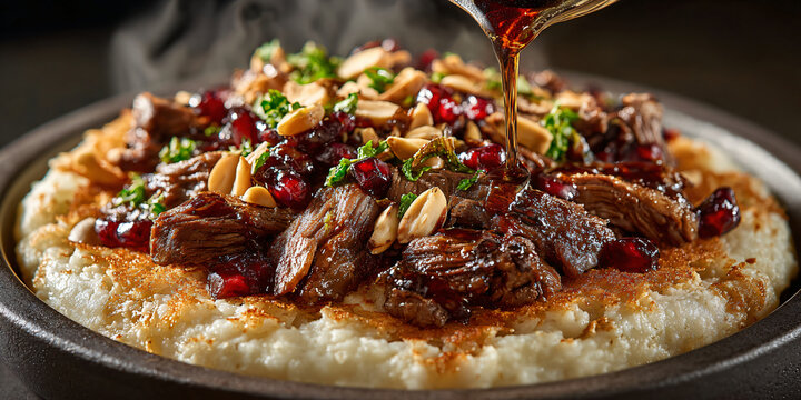 Steaming Mansaf Lamb on Flatbread with Sauce Being Poured
