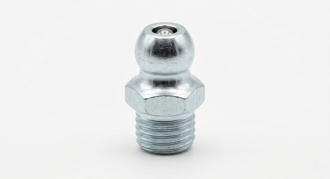 Extreme macro of a steel grease zerk fitting with silver zinc plating, isolated on a clean white background.