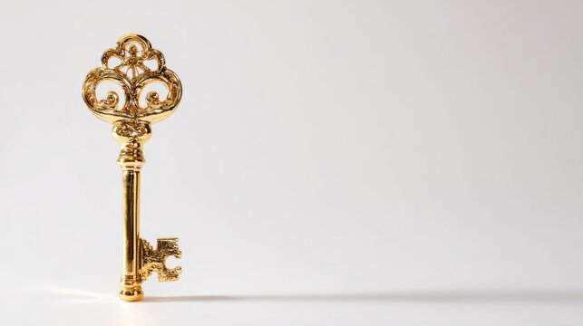 A decorative golden key standing upright on a clean white surface. The key features an ornate bow and a detailed bit, suggesting exclusivity and importance