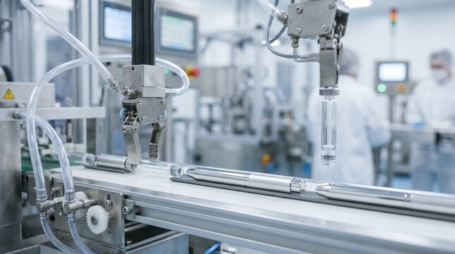Automated pharmaceutical production line with robotic arm and vials on conveyor belt
