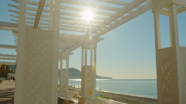 4K French Riviera Nice beautiful sunlight shining on a pergola pull out slow motion