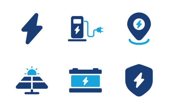 Energy theme icons with icons isolated charging station, charging station location, solar panel, battery, electrical safety.