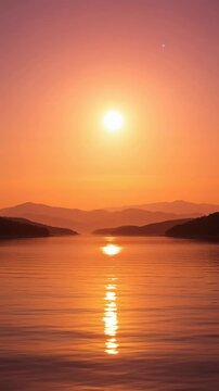 Spectacular moon rising over a mountain lake with the milky way galaxy, transitioning from starry night sky to a vibrant orange dawn and reflecting on the water