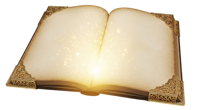 Open antique book with glowing magical pages isolated on transparent background