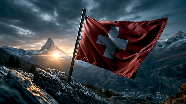 Schweizer Flagge &uuml;ber alpiner Berglandschaft bei Sonnenaufgang in den Alpen