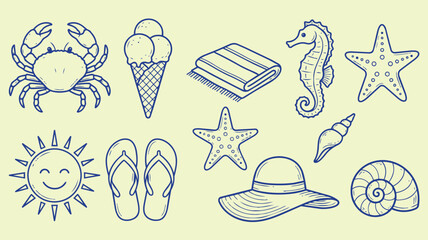 Summer beach hand drawn doodle set with crab ice cream seahorse starfish sun flip flops hat shell chocolate summer vacation vector illustration © jonty