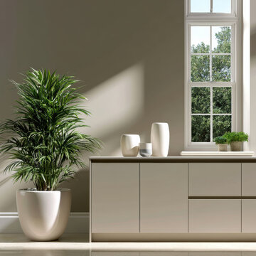 Beige cabinet indoor plant minimalist decor sunlight modern vase green foliage window natural light contemporary peaceful