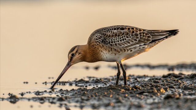 Animal - Bar-tailed Godwit Shorebird Probing Mudflat Edge at Golden Hour Warm Light Tidal Wetland