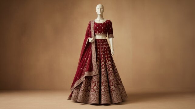 Traditional maroon velvet lehenga choli with heavy gold embroidery on mannequin