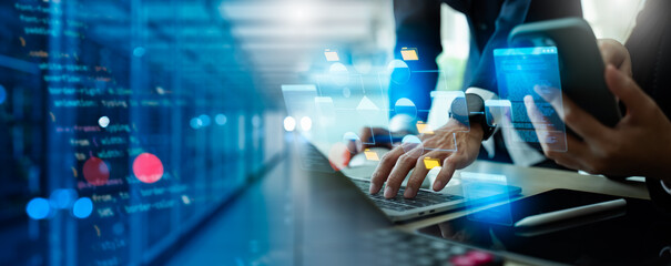 Data infrastructure,workflows,data pipeline development.Data integration.Engineer using laptop...