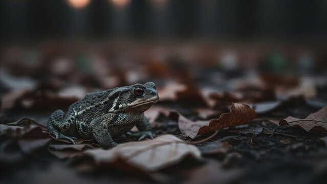 Animal - Common Toad Resting Among Fallen Autumn Leaves on Dark Forest Ground at Dusk
