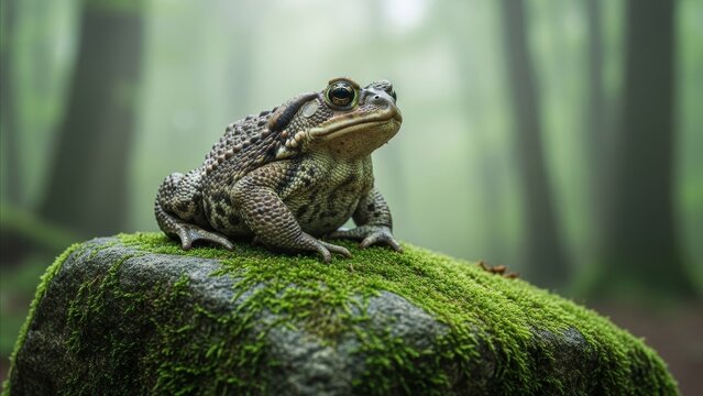 Animal - Common Toad Sitting on Moss Covered Rock in Misty Forest Woodland Natural Habitat Close Up
