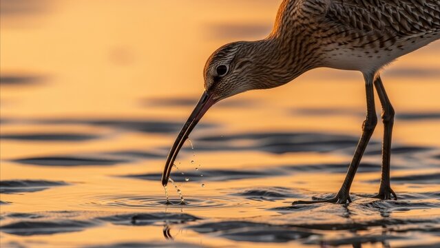 Animal - Curlew Shorebird Pulling Worm from Shallow Water at Golden Sunset Light with Rippling Reflections