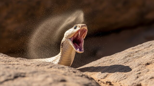 Animal - Desert Snake Striking with Open Mouth and Venom Spray Over Sandy Rock Surface in Arid Environment