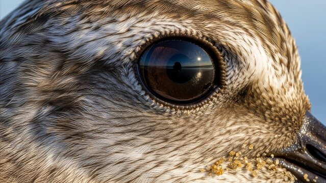 Animal - Extreme Closeup of Shorebird Eye Reflecting Coastal Sunset Landscape with Sand Grains on Beak