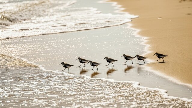 Animal - Flock of Sandpipers Running Along Wet Sandy Beach Shore With Sparkling Ocean Waves at Sunrise