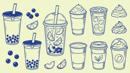 Cold drinks and bubble tea hand drawn doodle set with boba milk tea smoothie iced coffee cup straw dessert drink vector illustration © jonty