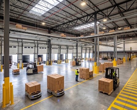 Logistics Robot Workflow Area with automated mobile robots and shipping workflow, eye-level view for Supply Chain Automation Promotion