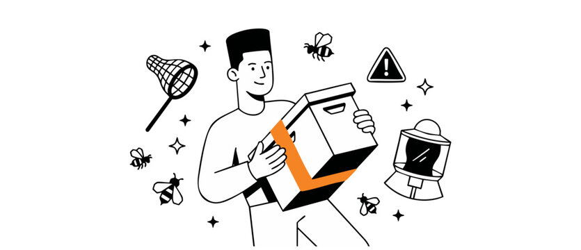 Beekeeper holding box package illustration of man with apiary tools. Minimalist line art of male hobbyist carrying beehive starter kit with insects, safe protective helmet, warning mark, net graphics.