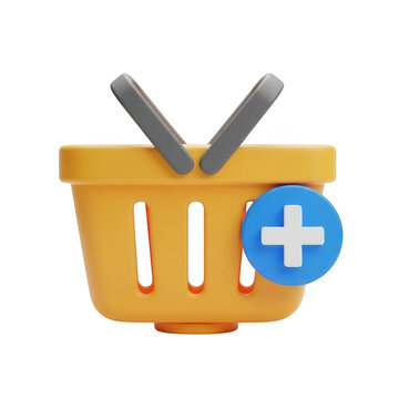 3d rendering of a yellow shopping basket with a blue plus sign icon isolated on transparent background
