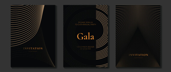 Fototapeta na wymiar Luxury invitation vector set. Elegant black and gold geometric line backgrounds with abstract curved patterns for gala events, wedding cards, premium flyers and formal covers.