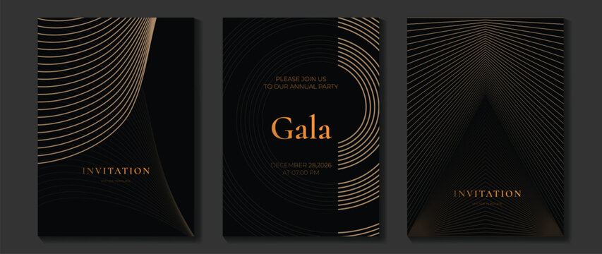 Luxury invitation vector set. Elegant black and gold geometric line backgrounds with abstract curved patterns for gala events, wedding cards, premium flyers and formal covers.
