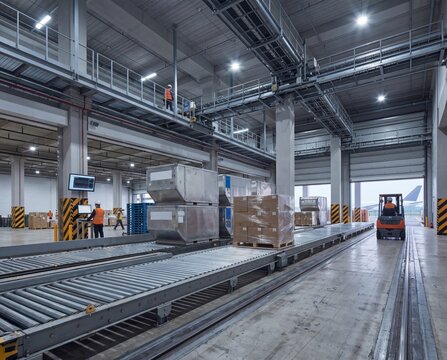 Cargo Terminal Operations Area with containerized cargo and conveyor rollers, premium stock visual for Airport Cargo Operations Advertising