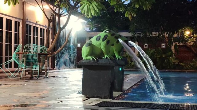 ​A decorative green frog statue fountain spraying water into a luxurious swimming pool at night. Ideal for resort, villa, and backyard design concepts