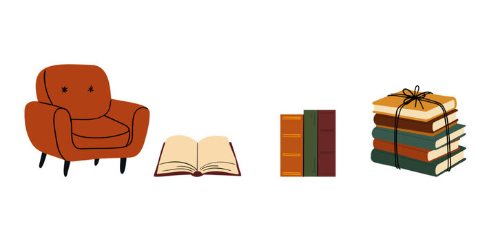 Cozy reading elements set, armchair and books hand drawn illustration bundle