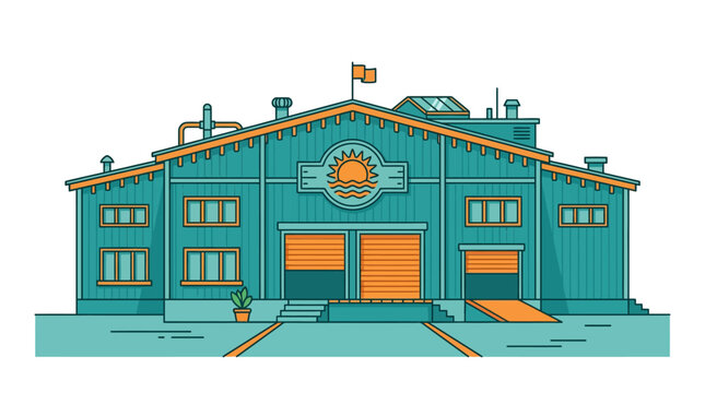 Modern Warehouse Building with Sun Logo and Orange Doors, Industrial Architecture Illustration