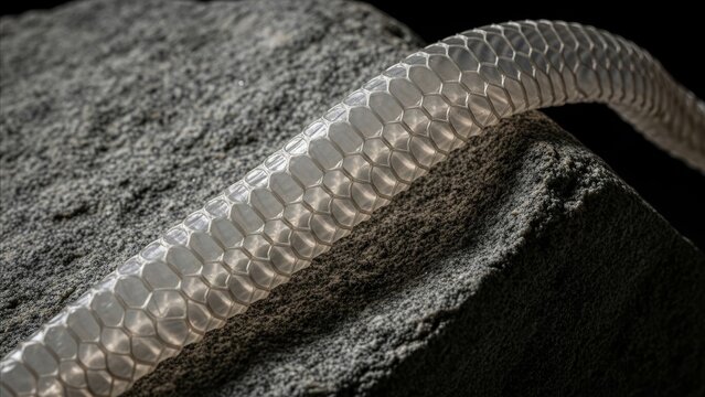 Animal - Translucent Snake Shed Skin Resting on Dark Textured Rock Surface Showing Detailed Scale Pattern