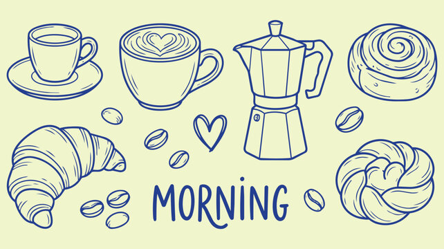 Morning coffee doodle set hand drawn with moka pot croissant cinnamon roll latte cup breakfast cafe pastry vector illustration