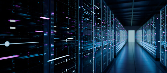 Computer server room in data center center corridor, representing cloud computing network infrastructure, big data storage hosting, cyber security mainframes server equipment © Zerofukuman