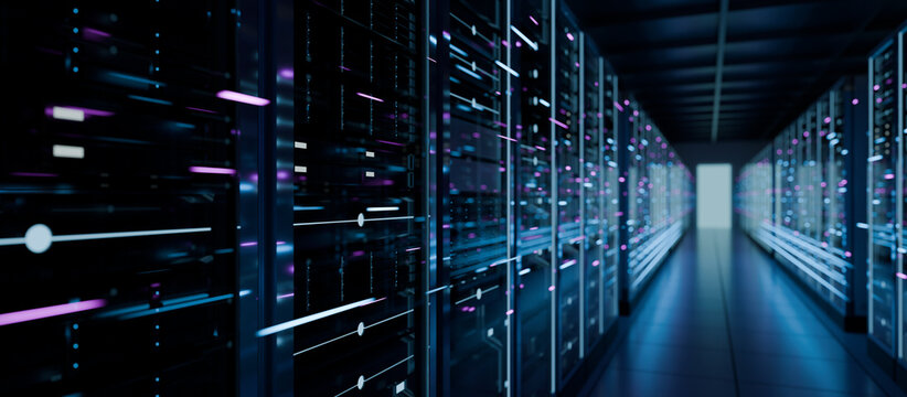 Computer server room in data center center corridor, representing cloud computing network infrastructure, big data storage hosting, cyber security mainframes server equipment
