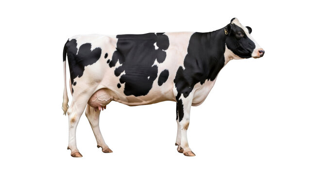 Full body side view of a holstein friesian dairy cow isolated on transparent background