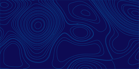 Blue topographic map background with abstract wavy contour lines representing geographic terrain and elevation grid. An abstract vector background, light blue topographic contour lines on dark blue  © Creative Arts