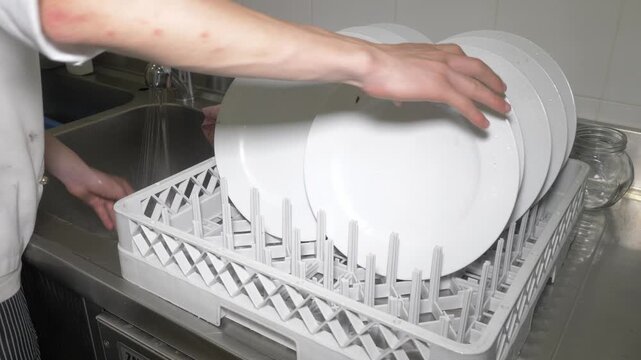 A kitchen dishwasher carefully arranges dirty plates into the industrial dishwasher basket, a behind-the-scenes task essential to keeping a busy restaurant kitchen clean during a catered party event