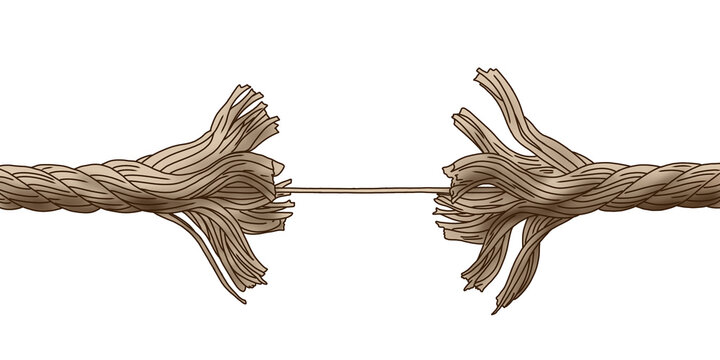Fraying rope breaking apart with only one thin thread holding it together. Concept of stress, crisis, danger, and being at a breaking point