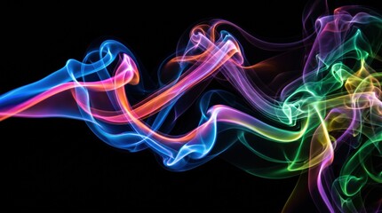 Obraz premium Colorful smoke swirls in vibrant hues of blue, pink, green, and yellow against a dark background, creating an abstract visual representation of tobacco smoke