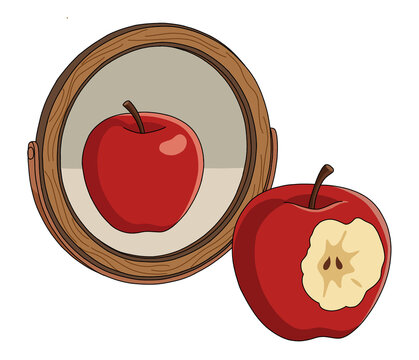 A bitten red apple looking at its perfect reflection in a mirror. Concept of illusion, hiding flaws, self-deception, and false perfection