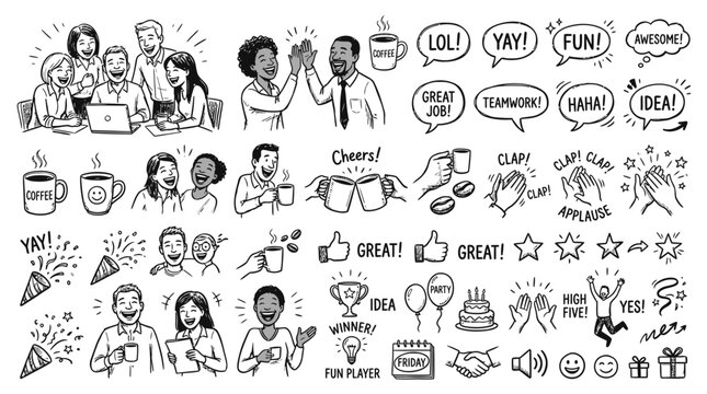 Doodle celebration of teamwork, success, and fun moments with people and icons