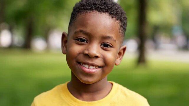 Close-up of a 6-year-old boy, an African-American child looks at the camera and smiles, a sly, mischievous look, happy childhood
