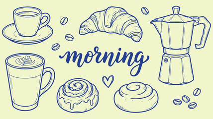 Morning cafe moka pot and croissant hand drawn doodle set with coffee cup cinnamon roll pastry breakfast vector illustration © jonty