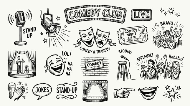 Comedy Club Live Show Doodle Art: Stand-up, Audience, Microphone, Stage, Laughter