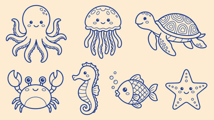 Cute kawaii sea animals hand drawn doodle set with octopus jellyfish turtle crab seahorse fish starfish cartoon ocean vector illustration © jonty