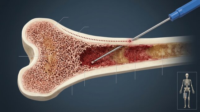 Cross-section of a bone showing marrow cavity and surgical instrument insertion