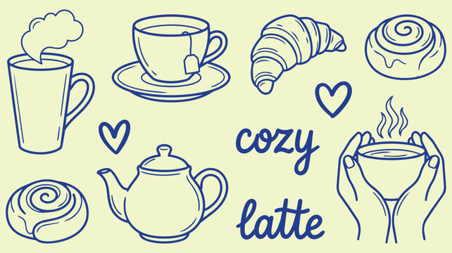 Cozy latte coffee set hand drawn doodle with cup moka pot croissant cinnamon roll pastry warm morning vector illustration