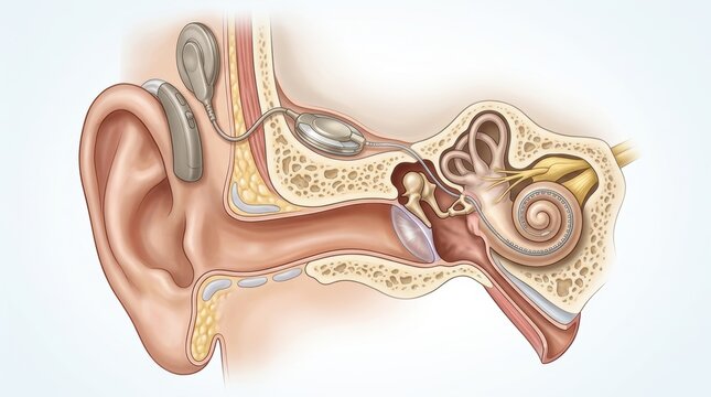 Diagram of a cochlear implant showing internal and external components within the human ear