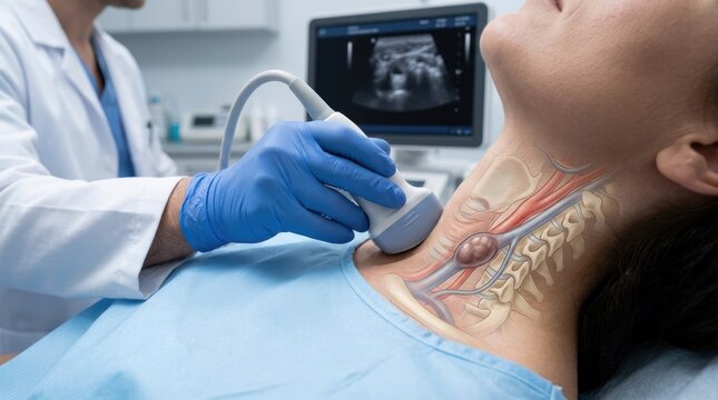 Doctor performs ultrasound scan on patient's neck, highlighting anatomical structures and a nodule