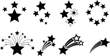Black star silhouettes collection featuring shooting stars trails circular star bursts celestial clusters fireworks and decorative elements for festive celebrations party invitations and night  © MstSabera